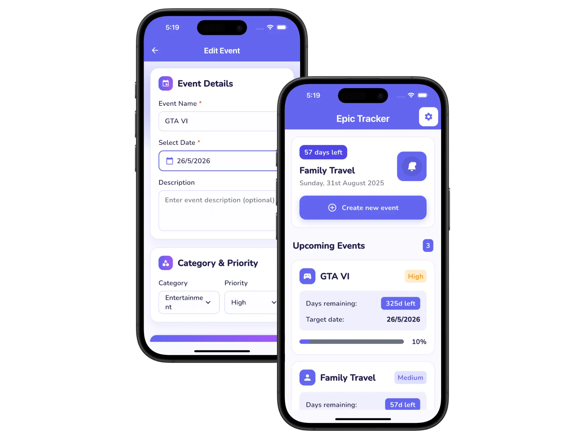 Epic Tracker app screenshot showing countdown timers for events, birthdays, and goals